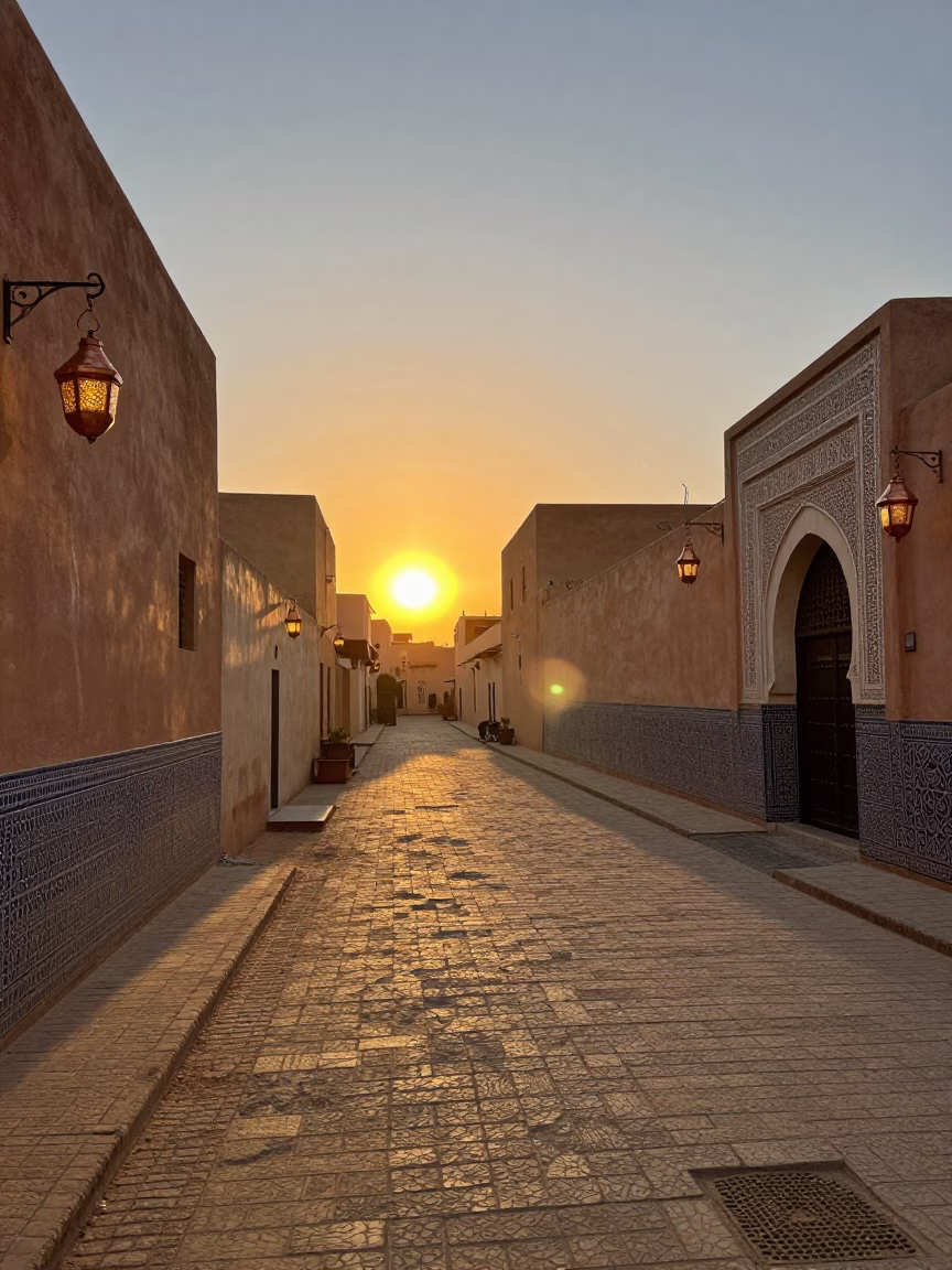 Sunset Street Scene in Marrakech Morocco with Copper Lanterns and Local Commerce in in Marrakech, Morocco