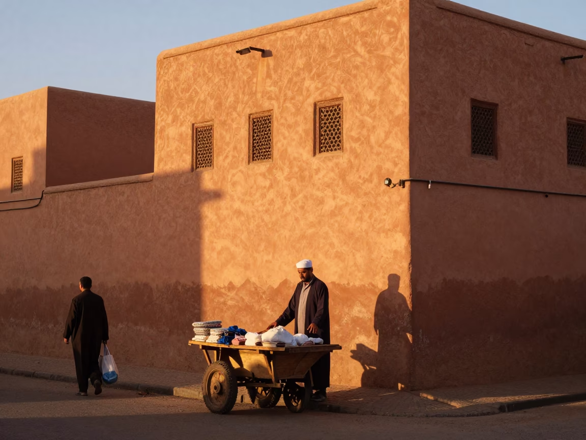 Sunset Street Scene in Marrakech Morocco with Local Vendor and Traditional Pottery in in Marrakech, Morocco