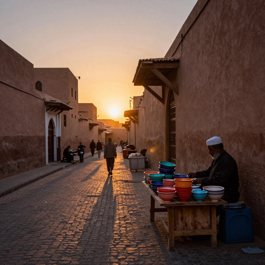 Sunset Street Scene in Marrakech Morocco with Local Vendor and Vintage Car Twilight Atmosphere in in Marrakech, Morocco