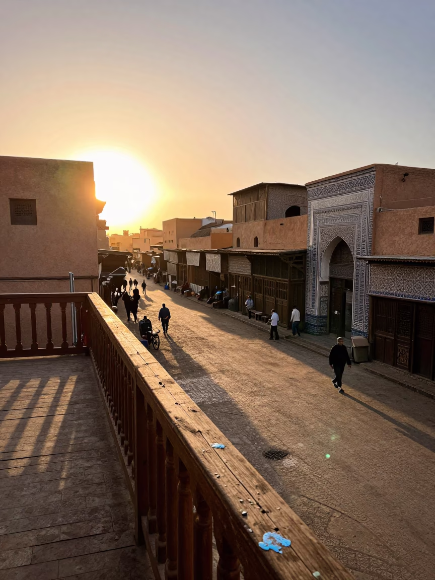 Sunset Street Scene in Marrakech Morocco with Paint Flecks on Rail in in Marrakech, Morocco