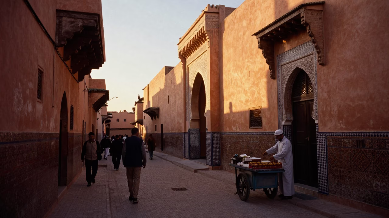 Sunset Street Scene in Marrakech Morocco with Traditional Architecture and Local Life in in Marrakech, Morocco