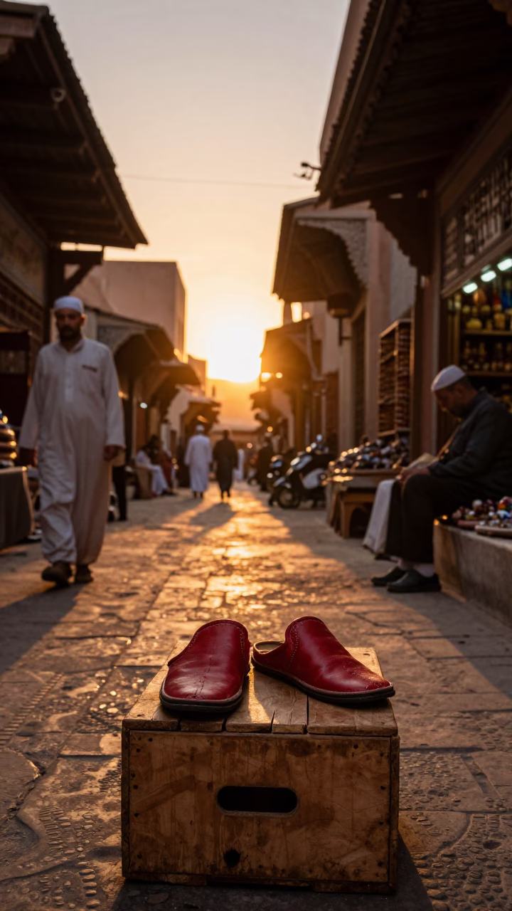 Sunset Street Scene in Marrakech Morocco with Traditional Slippers and Local Commerce in in Marrakech, Morocco