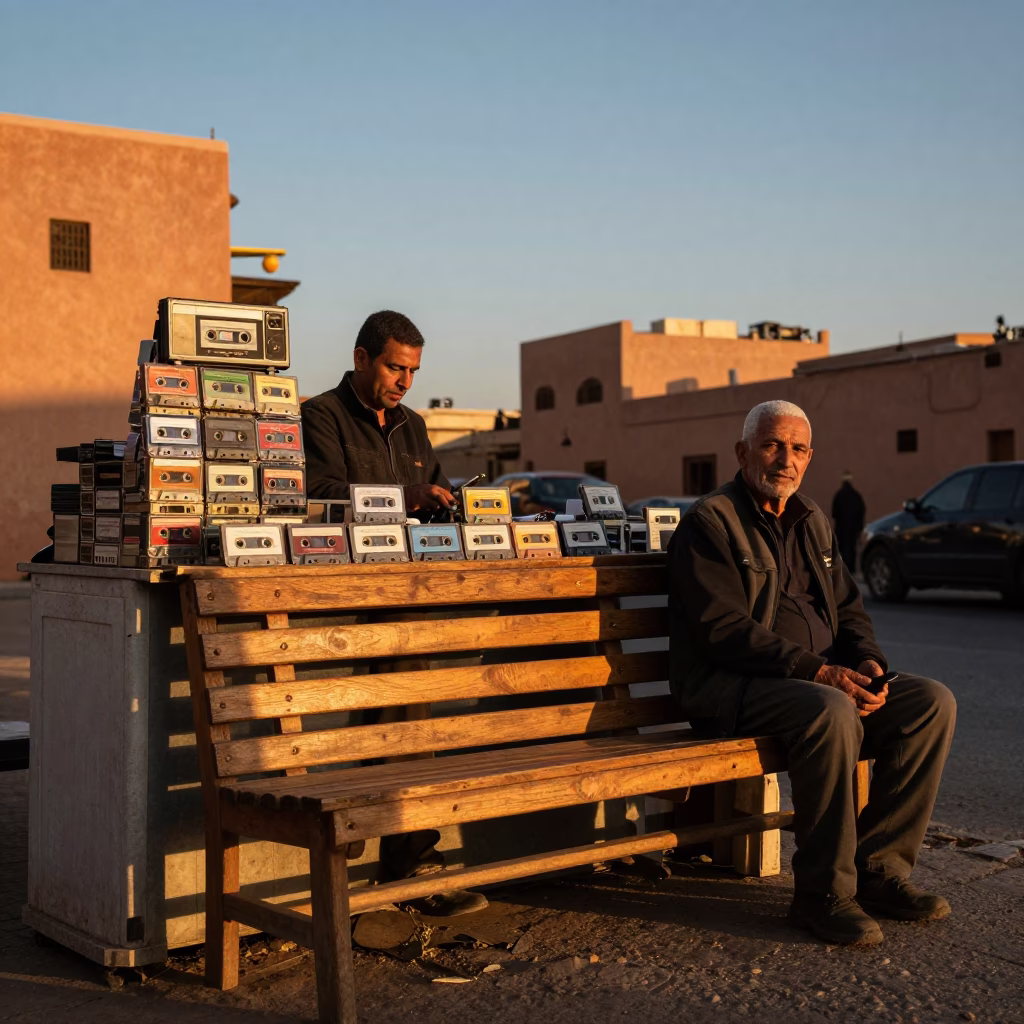 Sunset Street Scene in Marrakech Morocco with Vintage Cassette Tapes and Terracotta Pot in in Marrakech, Morocco