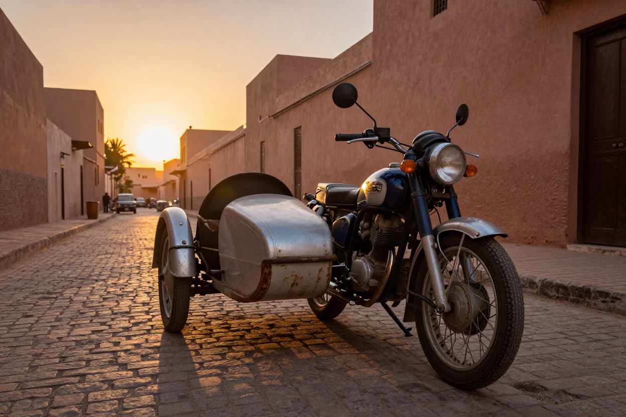 Sunset Street Scene in Marrakech Morocco with Vintage Motorcycle and Sidecar in in Marrakech, Morocco