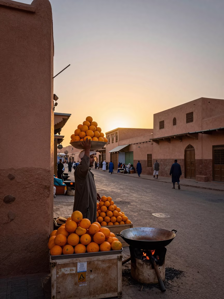 Sunset Street Scene in Marrakech with Fresh Oranges and Traditional Skillet in in Marrakech, Morocco