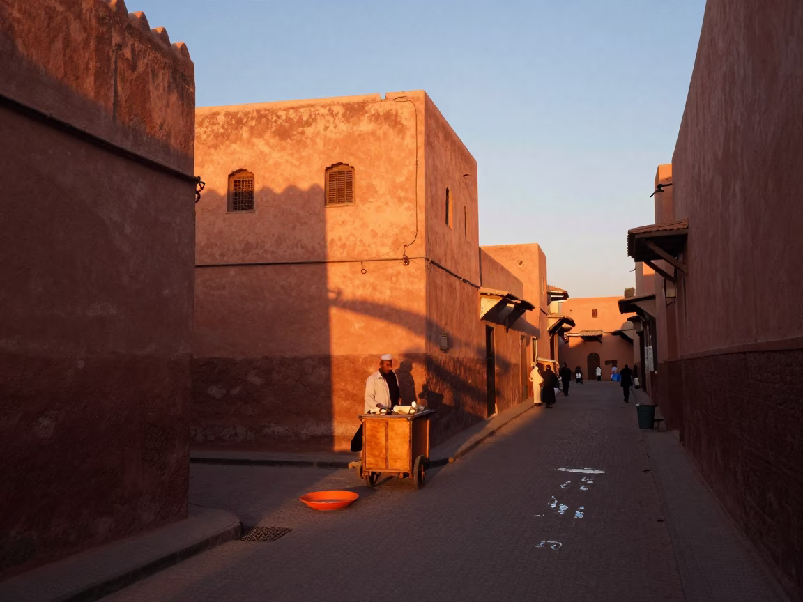 Sunset street scene in Marrakech with orange plate and water rings on lantern base in in Marrakech, Morocco