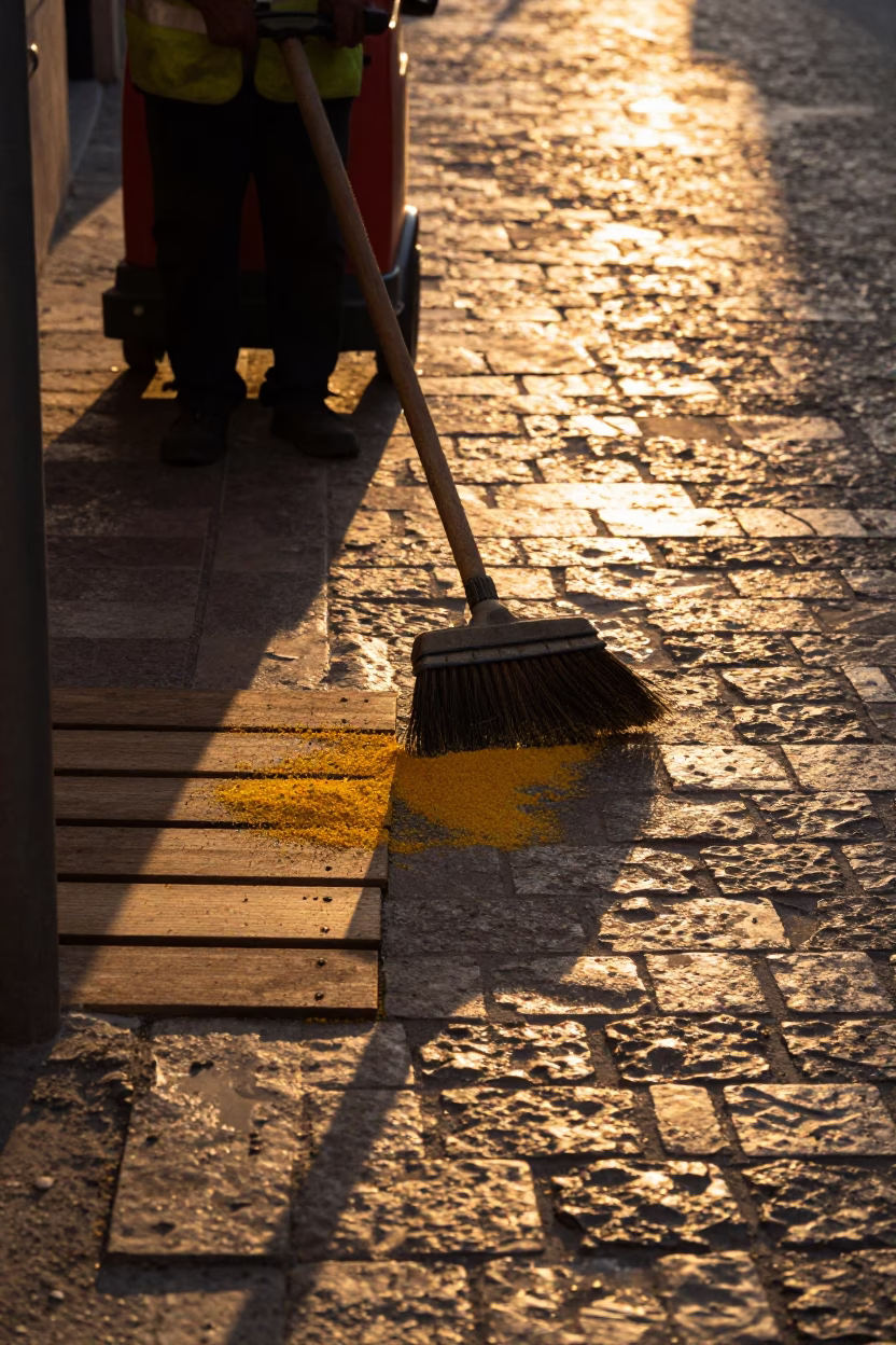 Sunset street scene in Marseille France with broom and pollen on bench slat in in Marseille, France