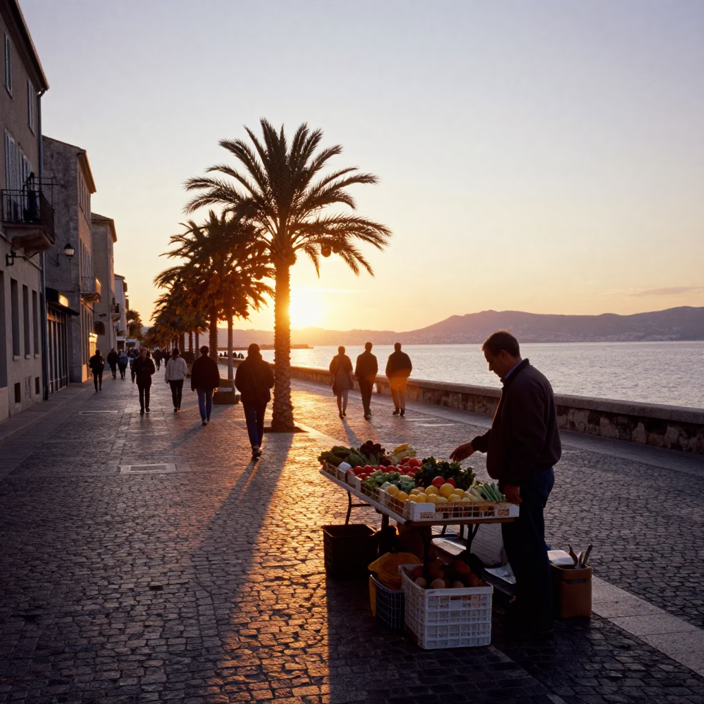 Sunset Street Scene in Marseille France with Local Vendor and Autumn Leaves in in Marseille, France