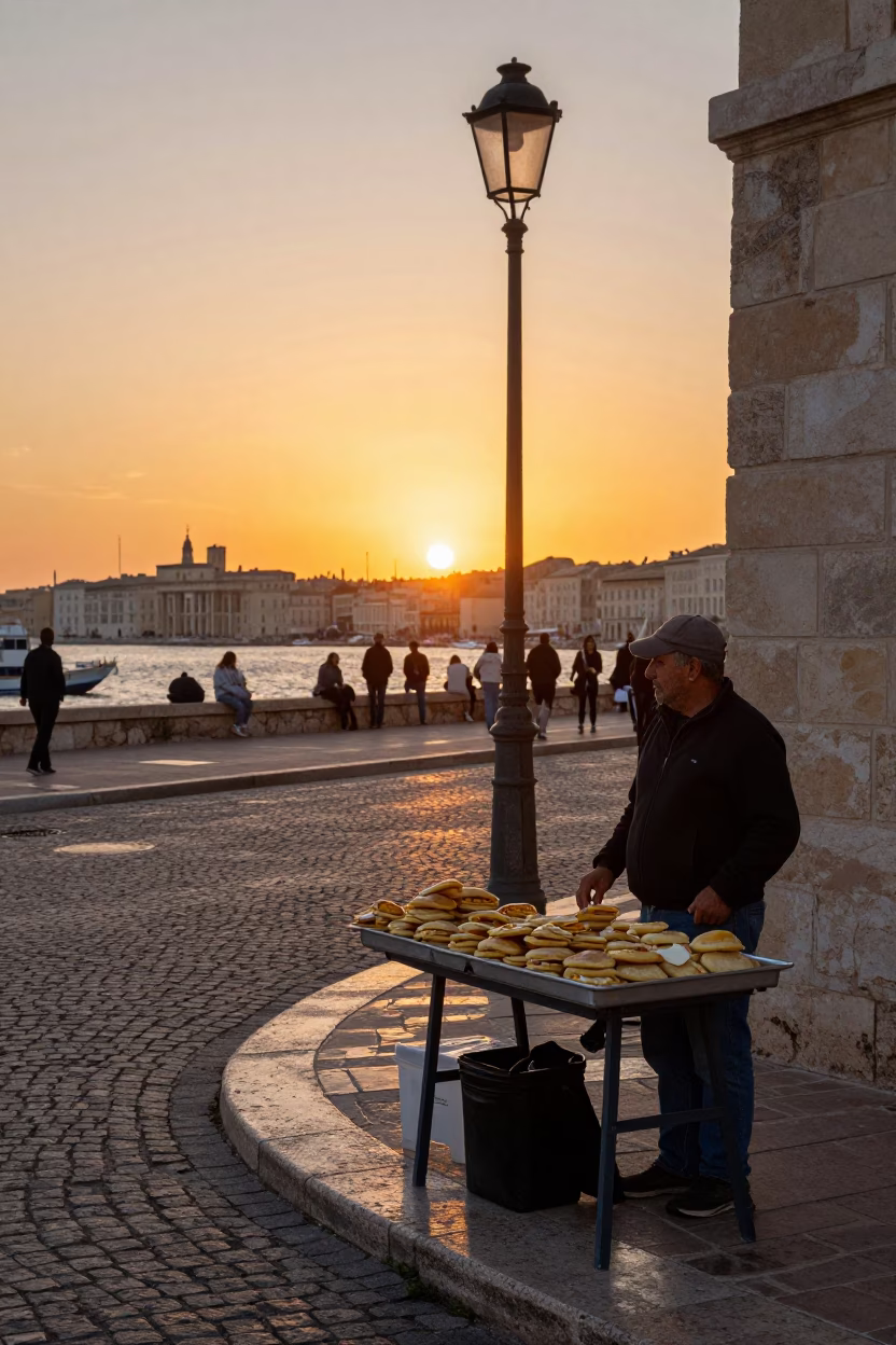 Sunset Street Scene in Marseille France with Local Vendor and Vintage Clock in in Marseille, France