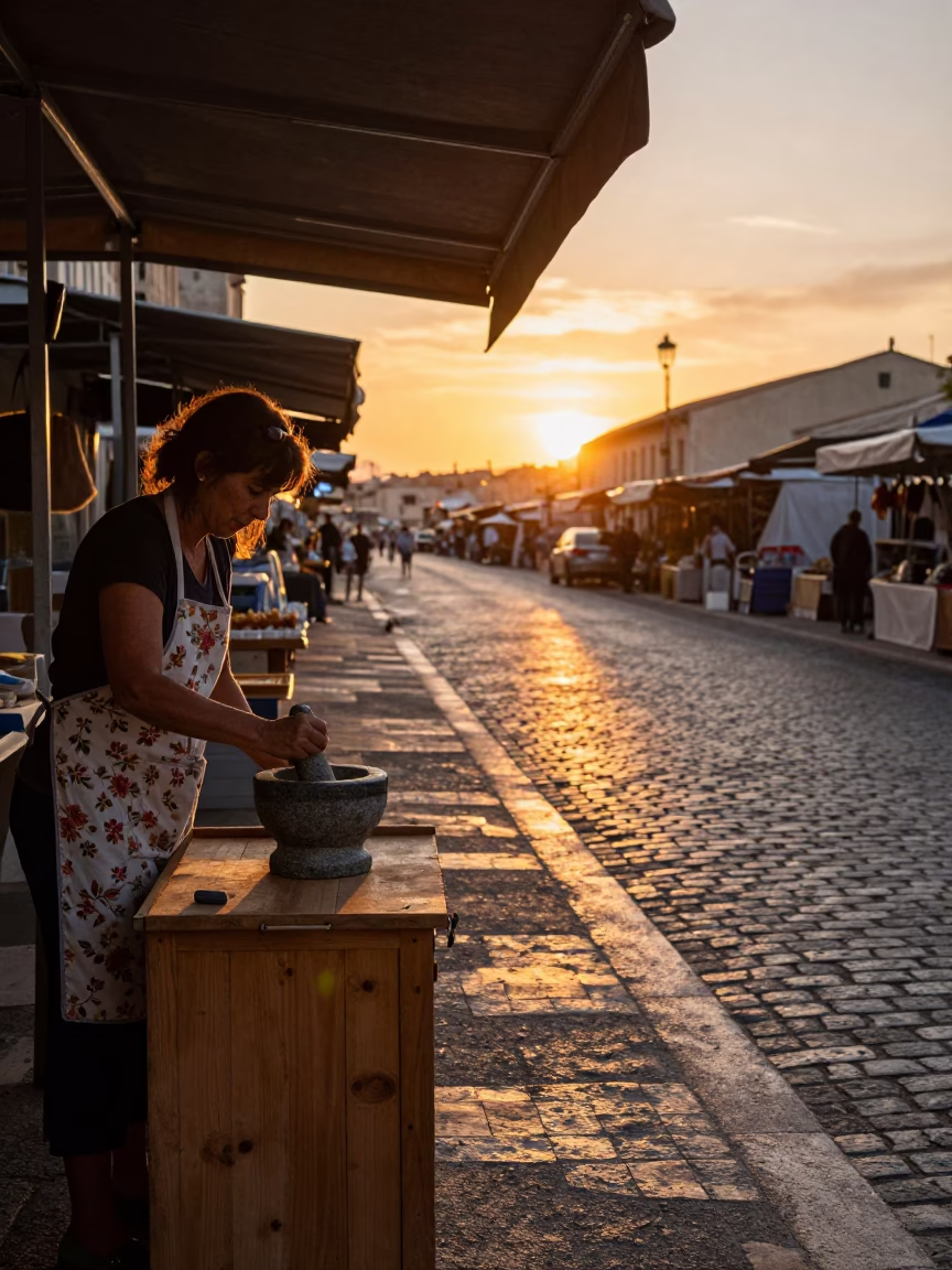 Sunset Street Scene in Marseille France with Mortar and Pestle in in Marseille, France