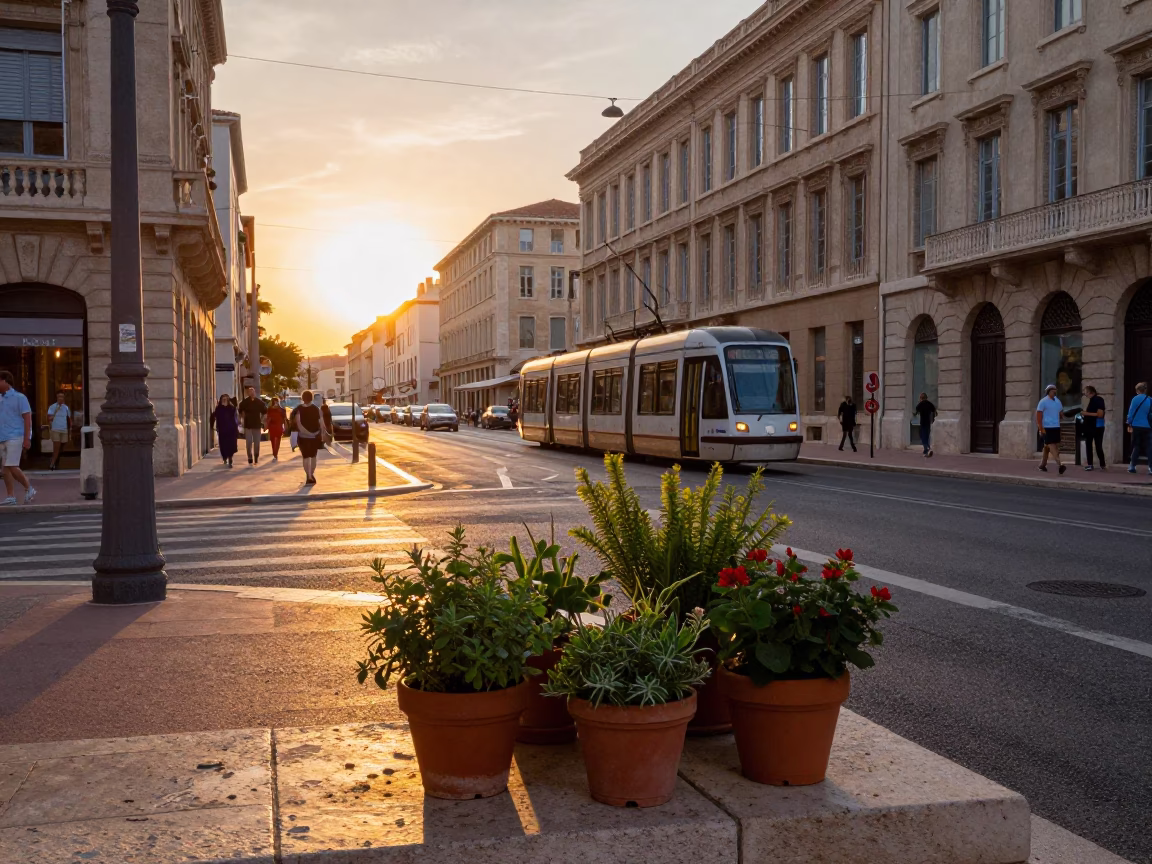 Sunset Street Scene in Marseille France with Potted Herbs and Tramcar in in Marseille, France