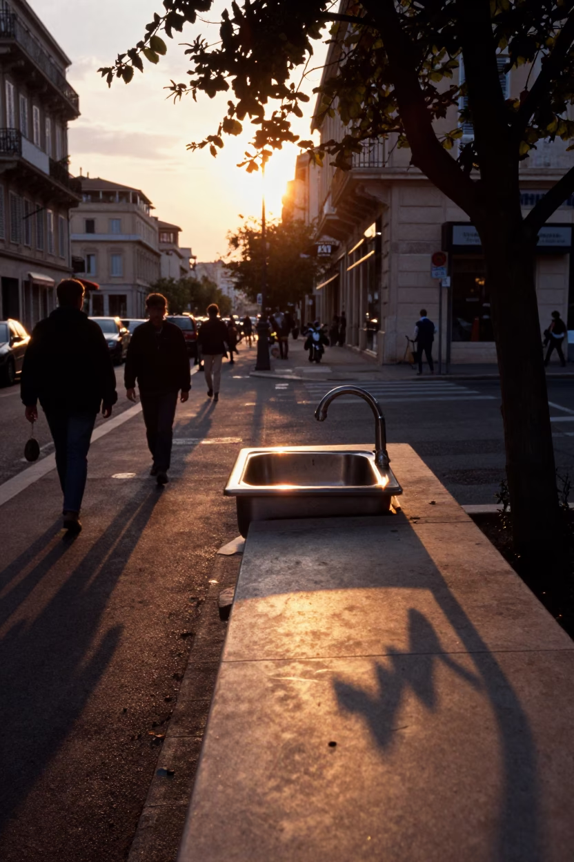Sunset street scene in Marseille France with sink and leaf shadows on countertop in in Marseille, France