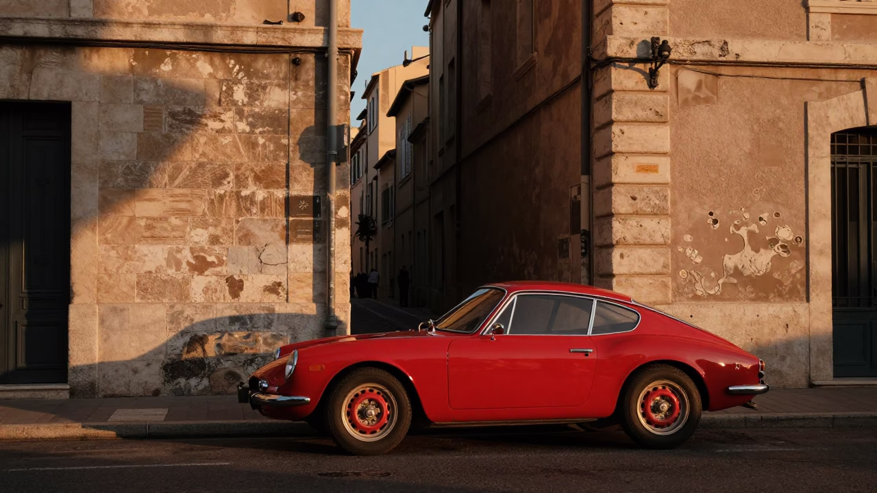 Sunset Street Scene in Marseille France with Vintage Car and Clay Pot in in Marseille, France