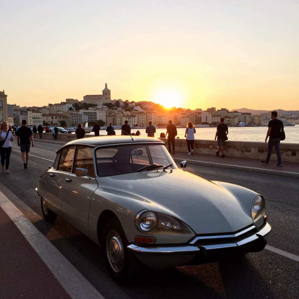 Sunset Street Scene in Marseille France with Vintage Car and Pedestrians in in Marseille, France