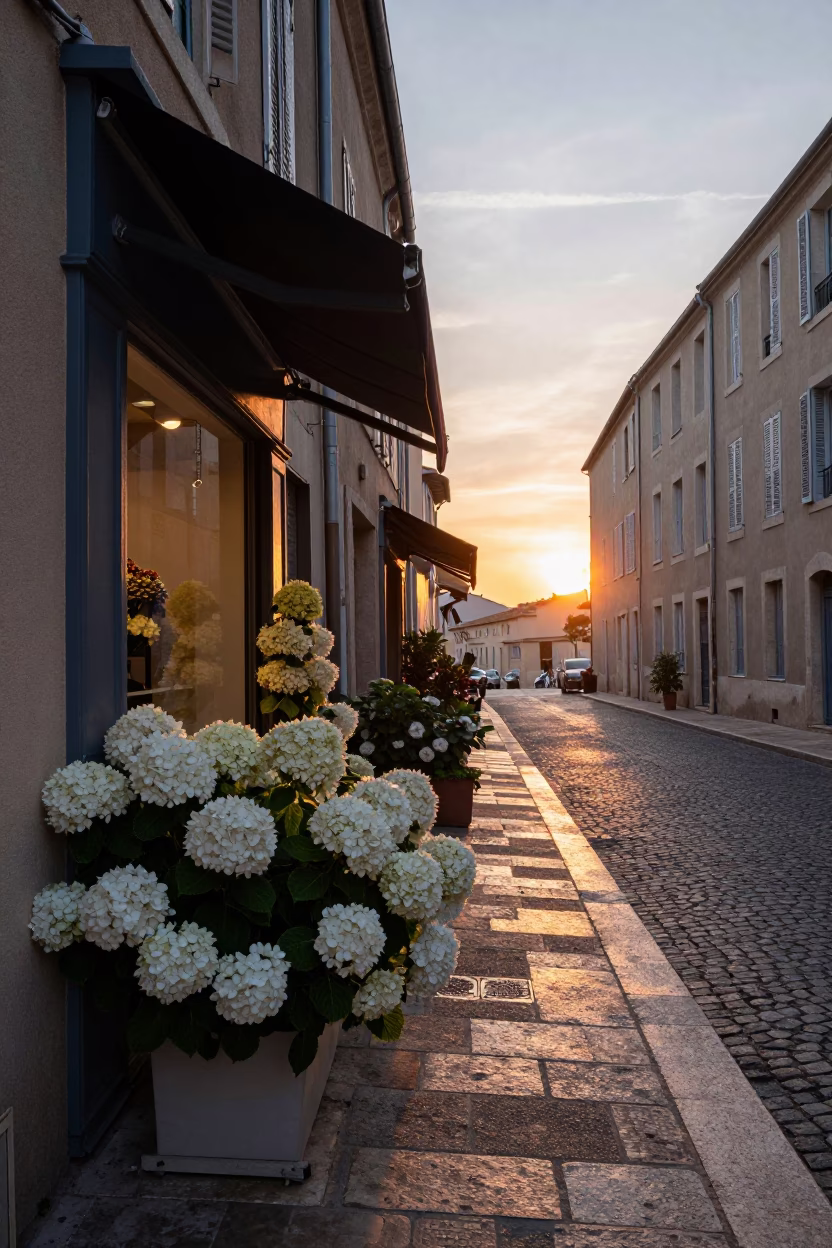 Sunset Street Scene in Marseille with Hydrangeas and Local Life in in Marseille, France