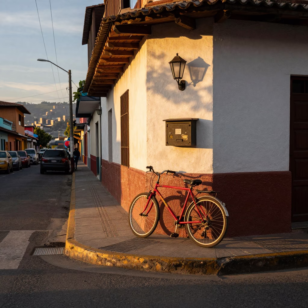Sunset Street Scene in Medellin Colombia with Bicycle and Lockbox in in Medellin, Colombia