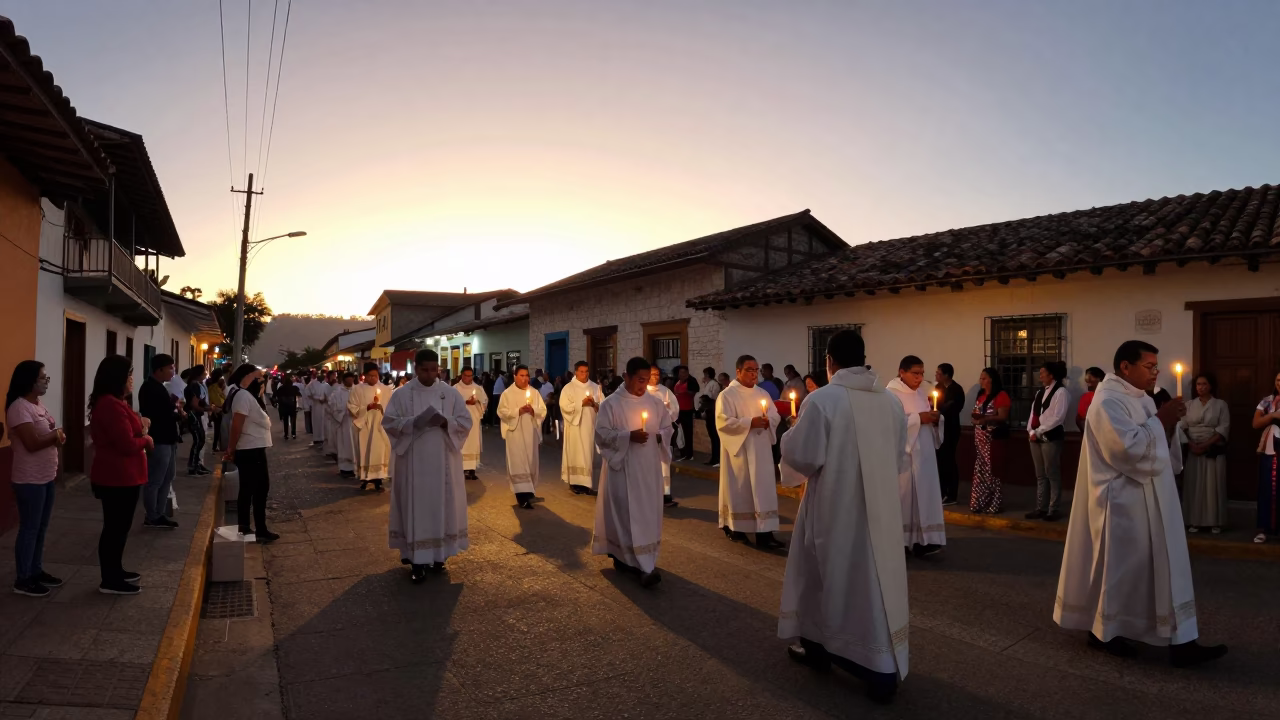 Sunset Street Scene in Medellin Colombia with Catholic Easter Vigil Candlelight Procession in in Medellin, Colombia