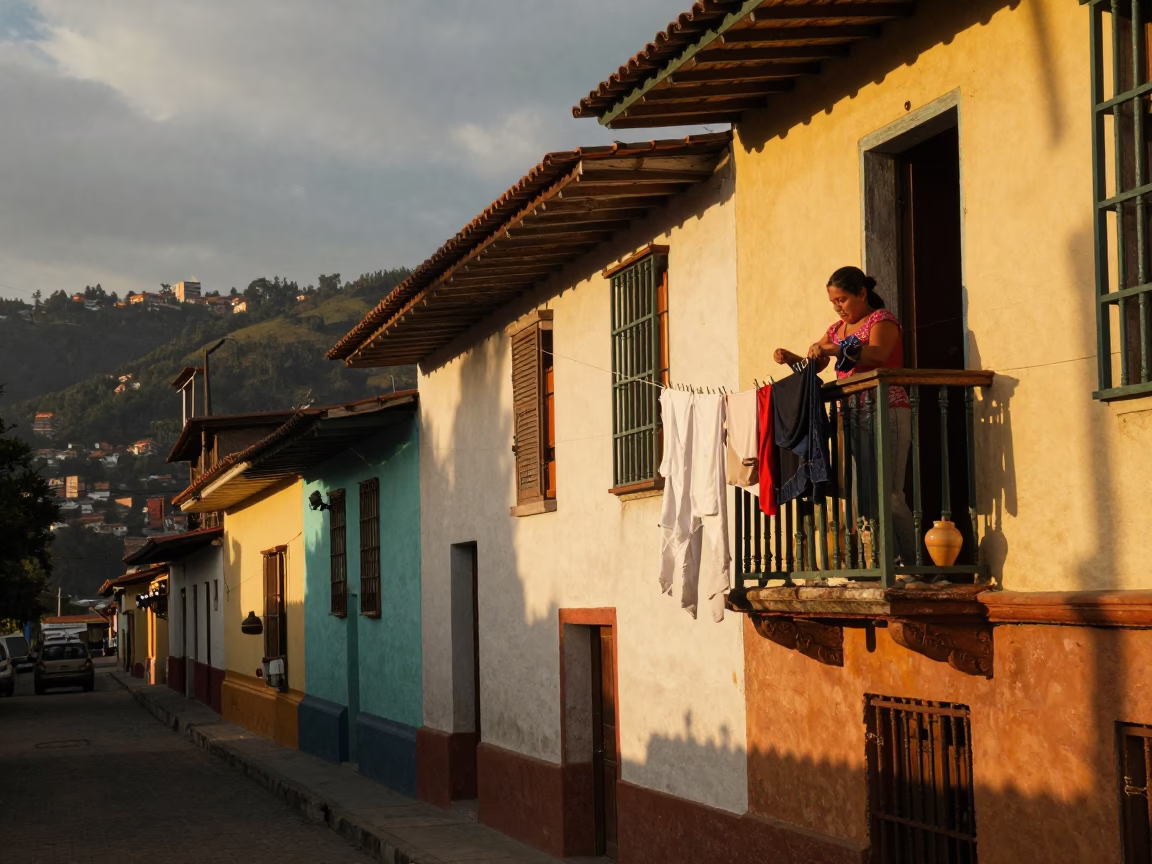 Sunset Street Scene in Medellin Colombia with Ceramic Cup and Laundry Pins in in Medellin, Colombia