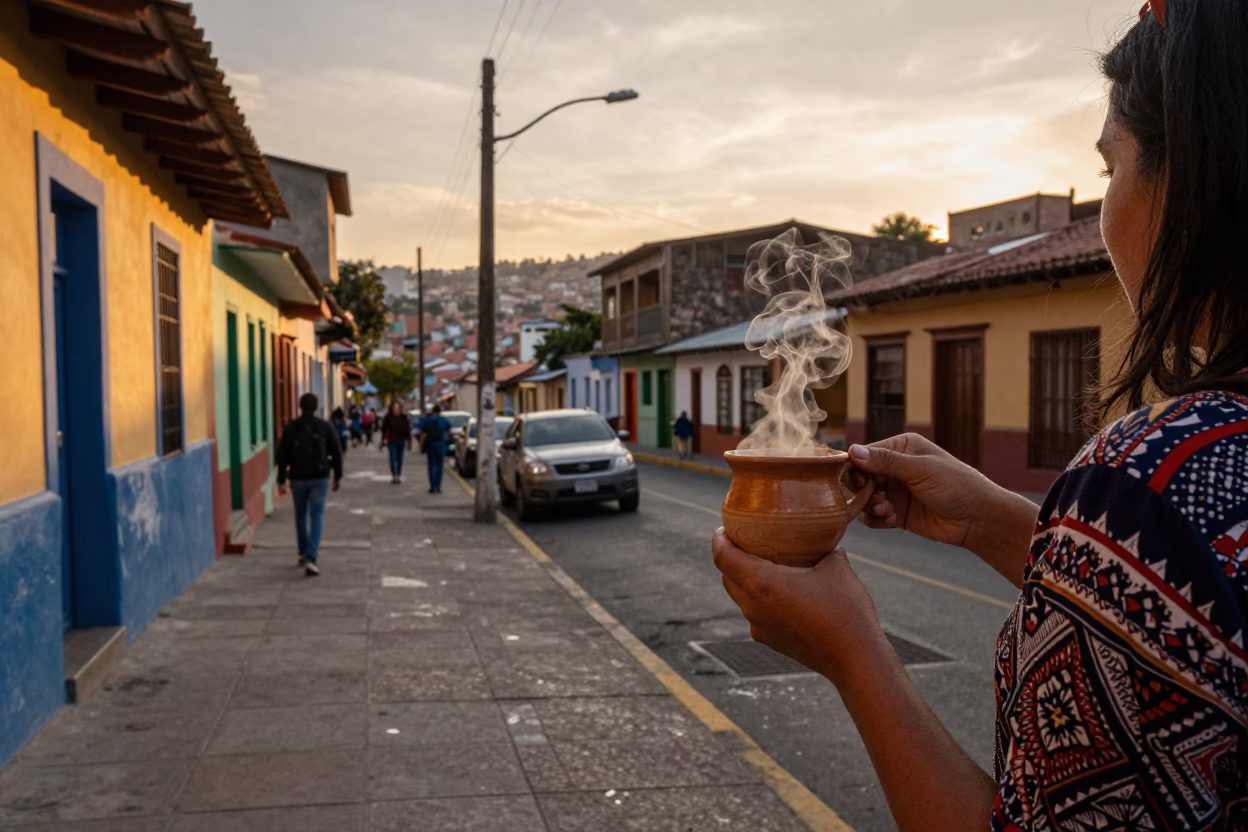 Sunset Street Scene in Medellin Colombia with Ceramic Cup and Urban Details in in Medellin, Colombia