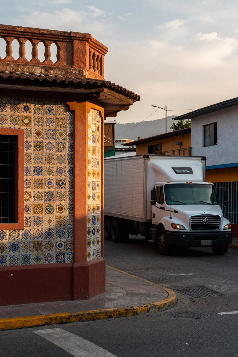 Sunset Street Scene in Medellin Colombia with Ceramic Tiles and Loading Dock in in Medellin, Colombia