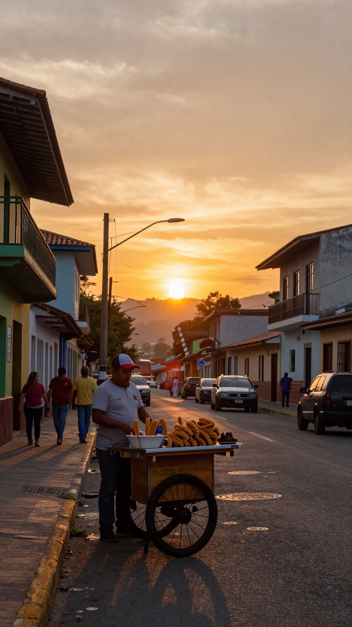 Sunset Street Scene in Medellin Colombia with Churros and Chocolate in in Medellin, Colombia