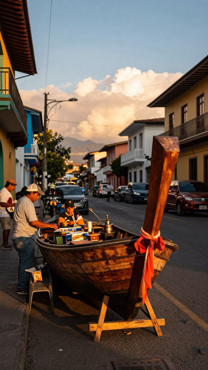Sunset Street Scene in Medellin Colombia with Coffee Grinder and Wooden Boat in in Medellin, Colombia