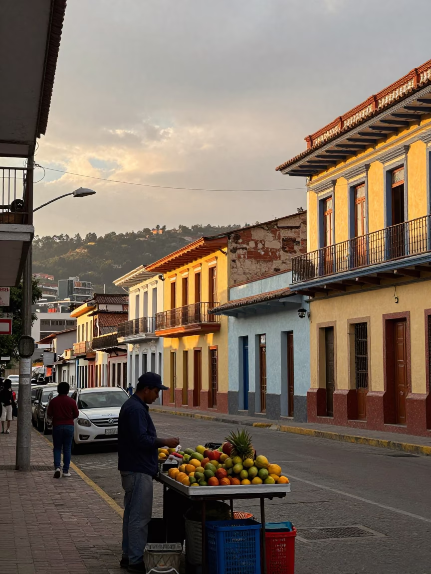 Sunset Street Scene in Medellin Colombia with Colorful Details and Local Atmosphere in in Medellin, Colombia