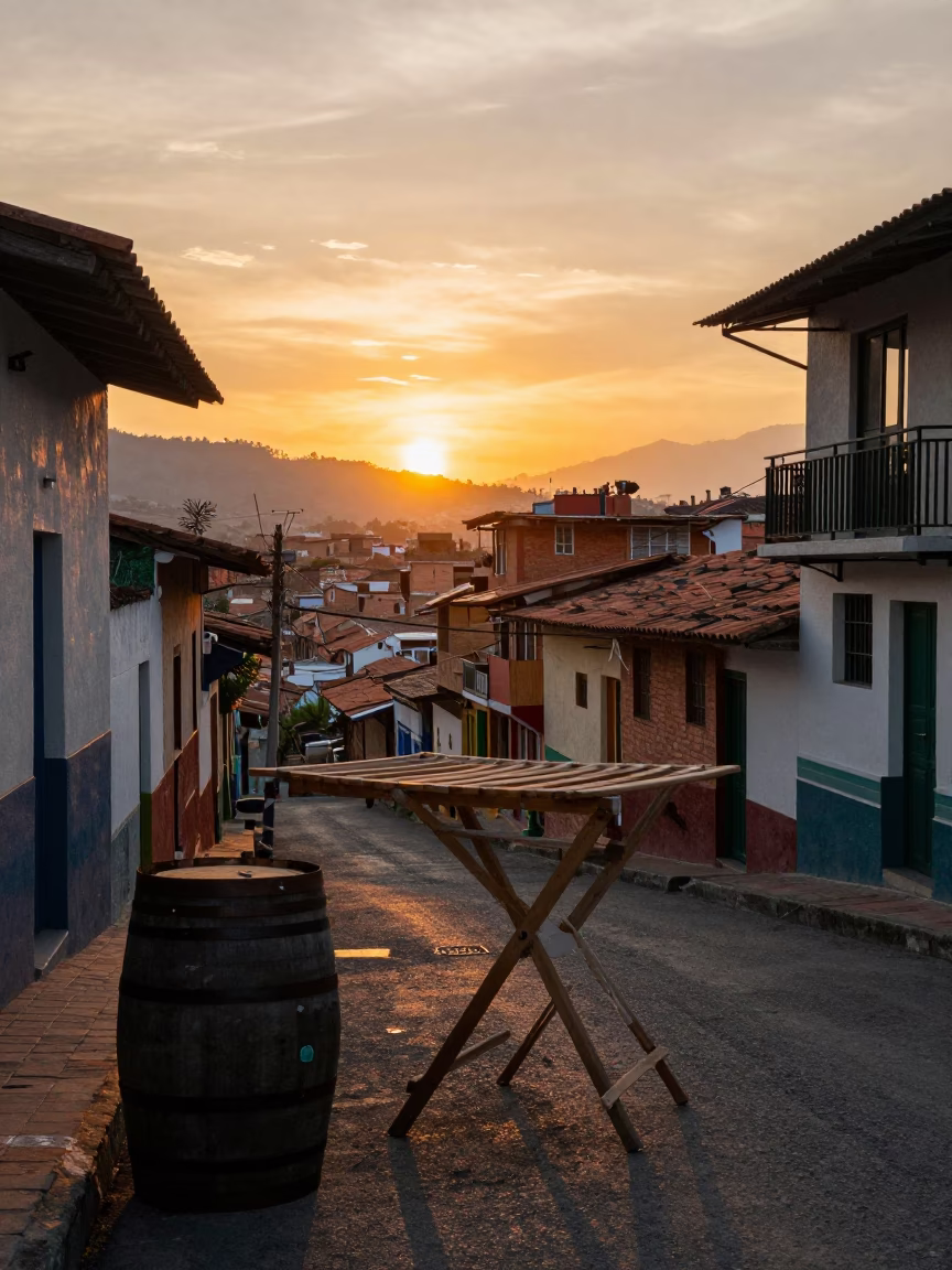 Sunset street scene in Medellin Colombia with drying rack and barrel cactus in in Medellin, Colombia