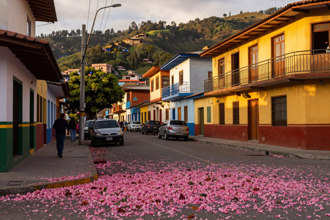 Sunset Street Scene in Medellin Colombia with Fallen Petals and Local Life in in Medellin, Colombia