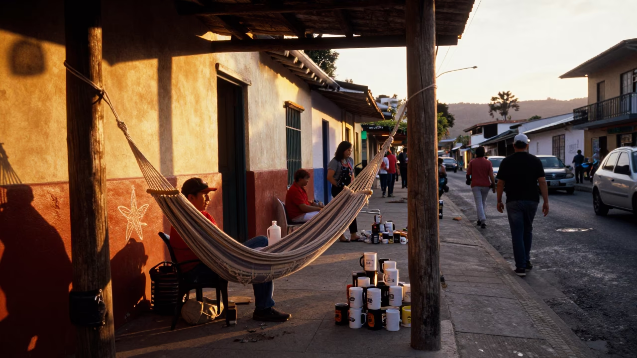 Sunset Street Scene in Medellin Colombia with Hammock and Coffee Mugs in in Medellin, Colombia