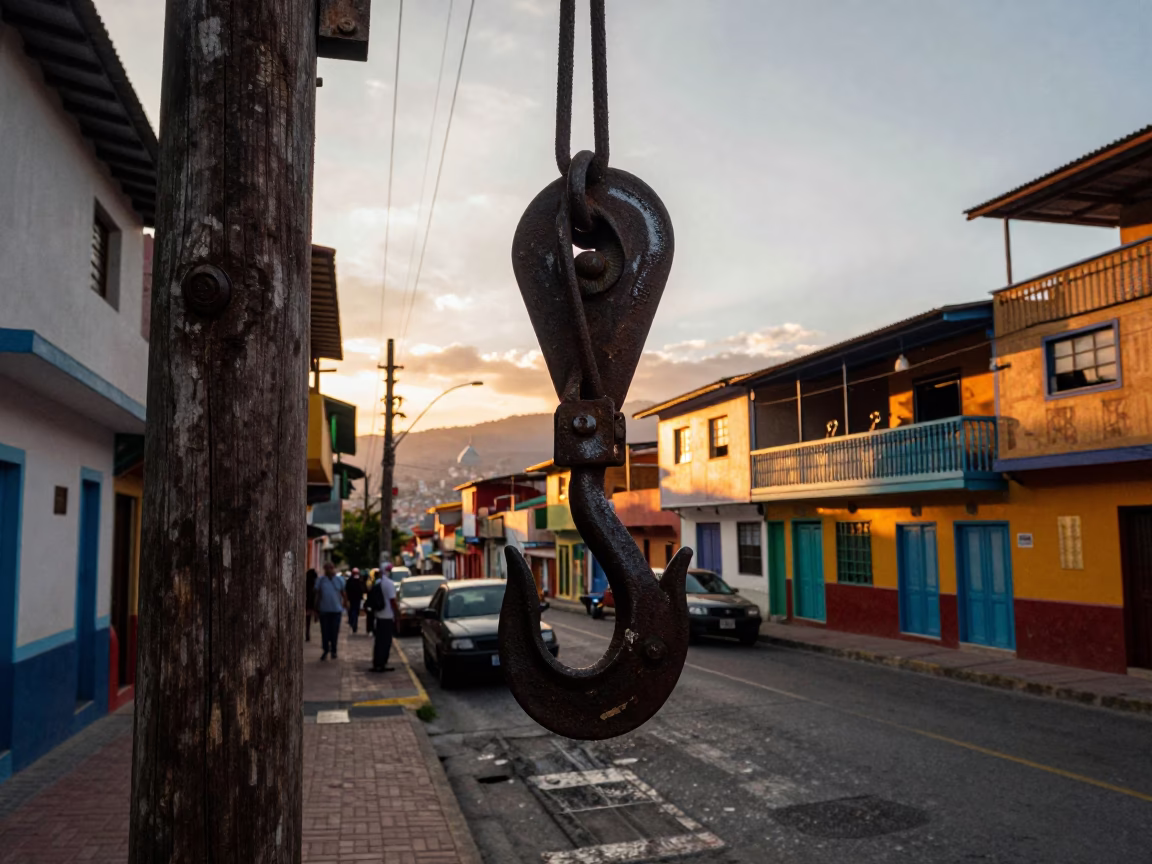 Sunset Street Scene in Medellin Colombia with Iron Hook and Spillway Mist in in Medellin, Colombia