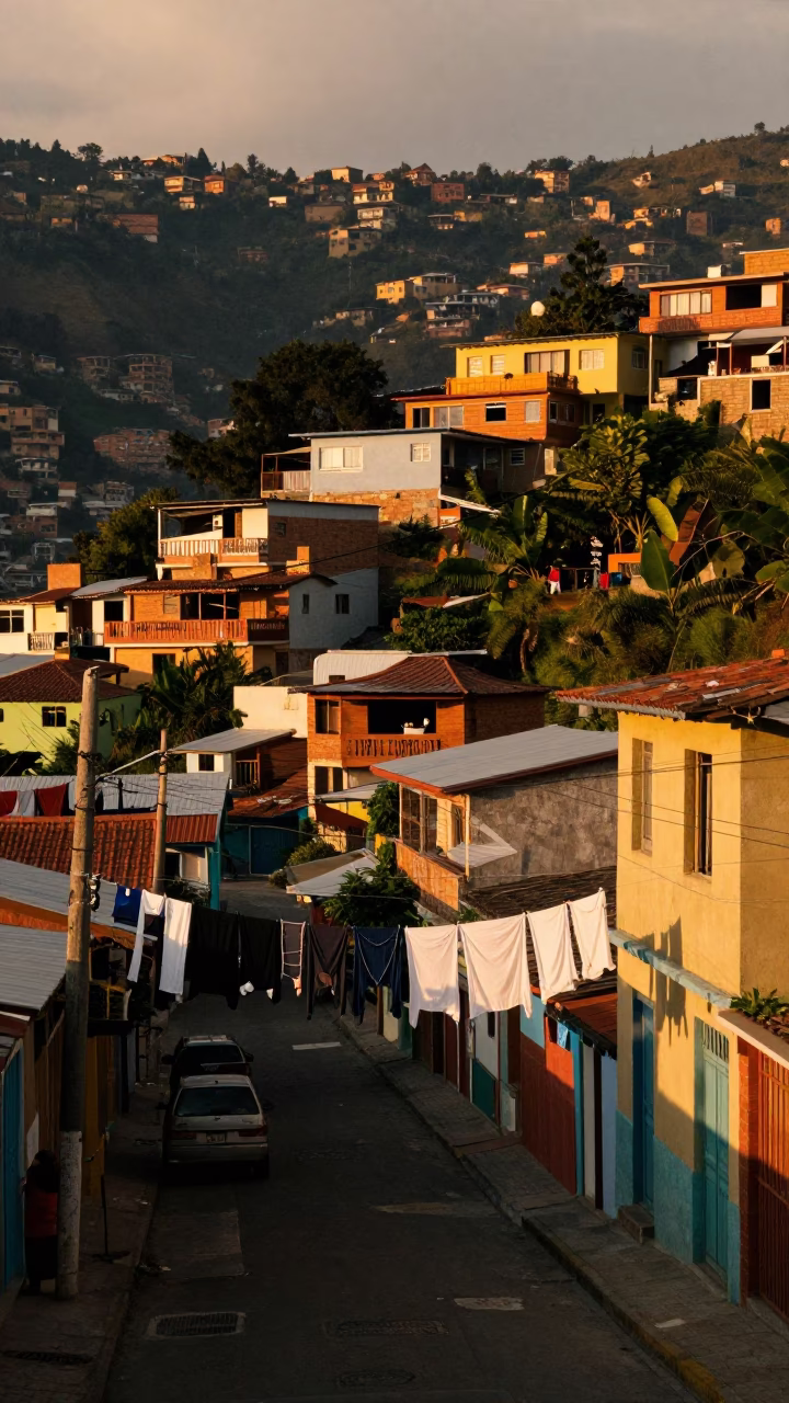 Sunset Street Scene in Medellin Colombia with Laundry and Urban Life in in Medellin, Colombia