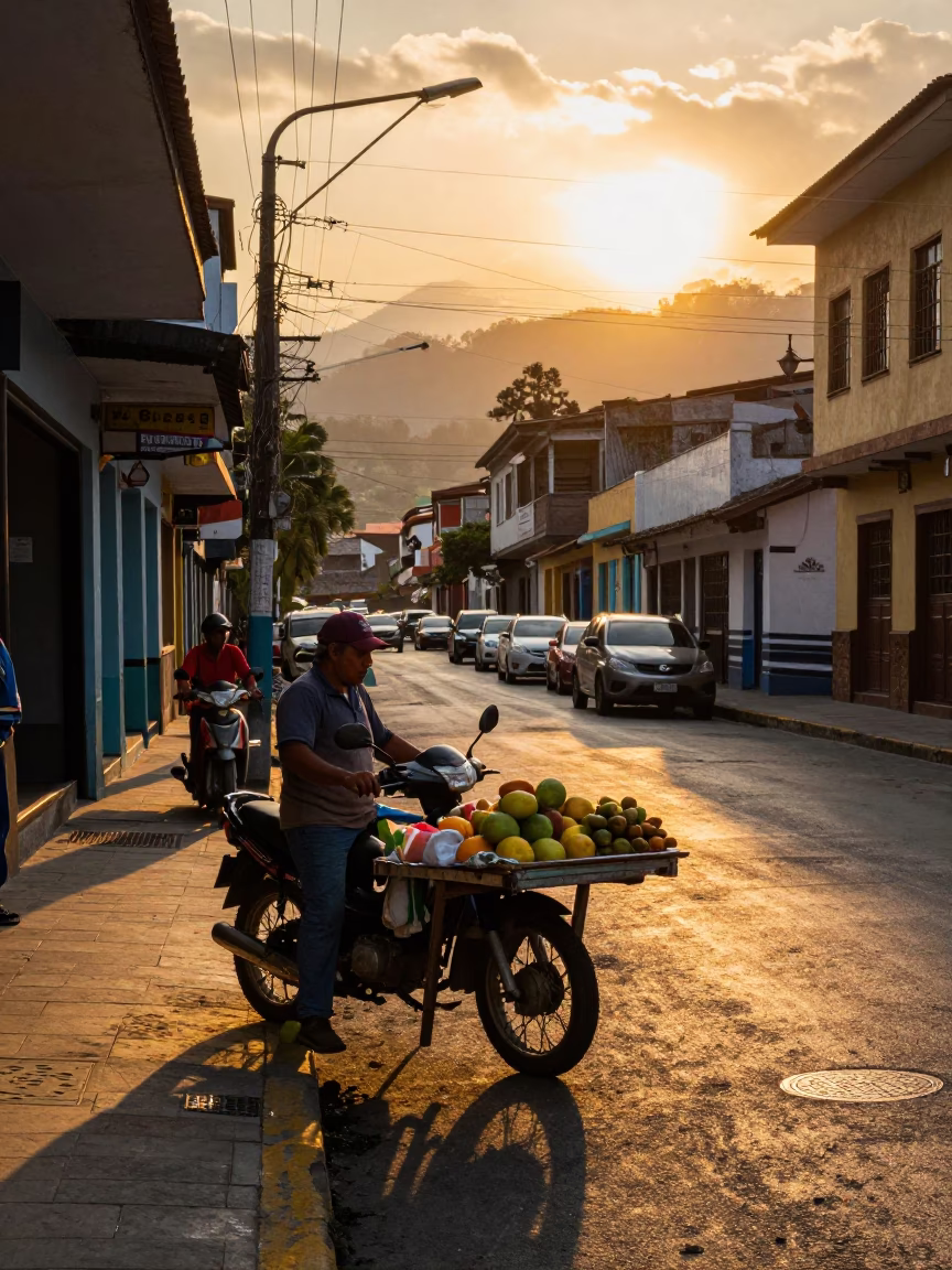 Sunset street scene in Medellin Colombia with local vendor and urban architecture in in Medellin, Colombia