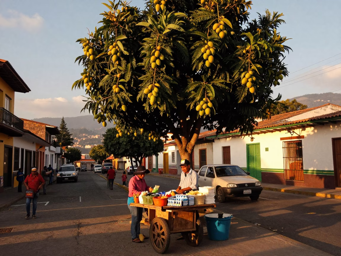 Sunset street scene in Medellin Colombia with mango tree and enamel pitcher in in Medellin, Colombia