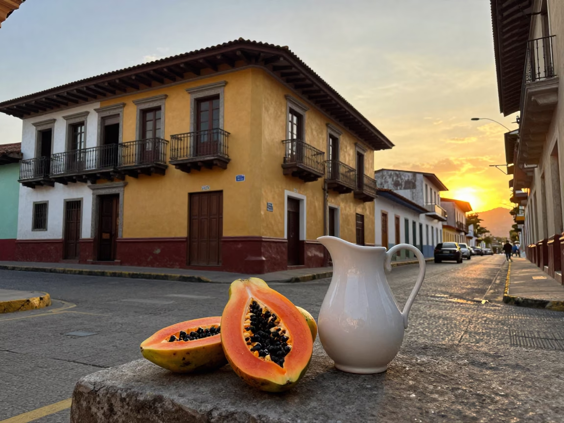 Sunset Street Scene in Medellin Colombia with Papayas and Pitcher in in Medellin, Colombia