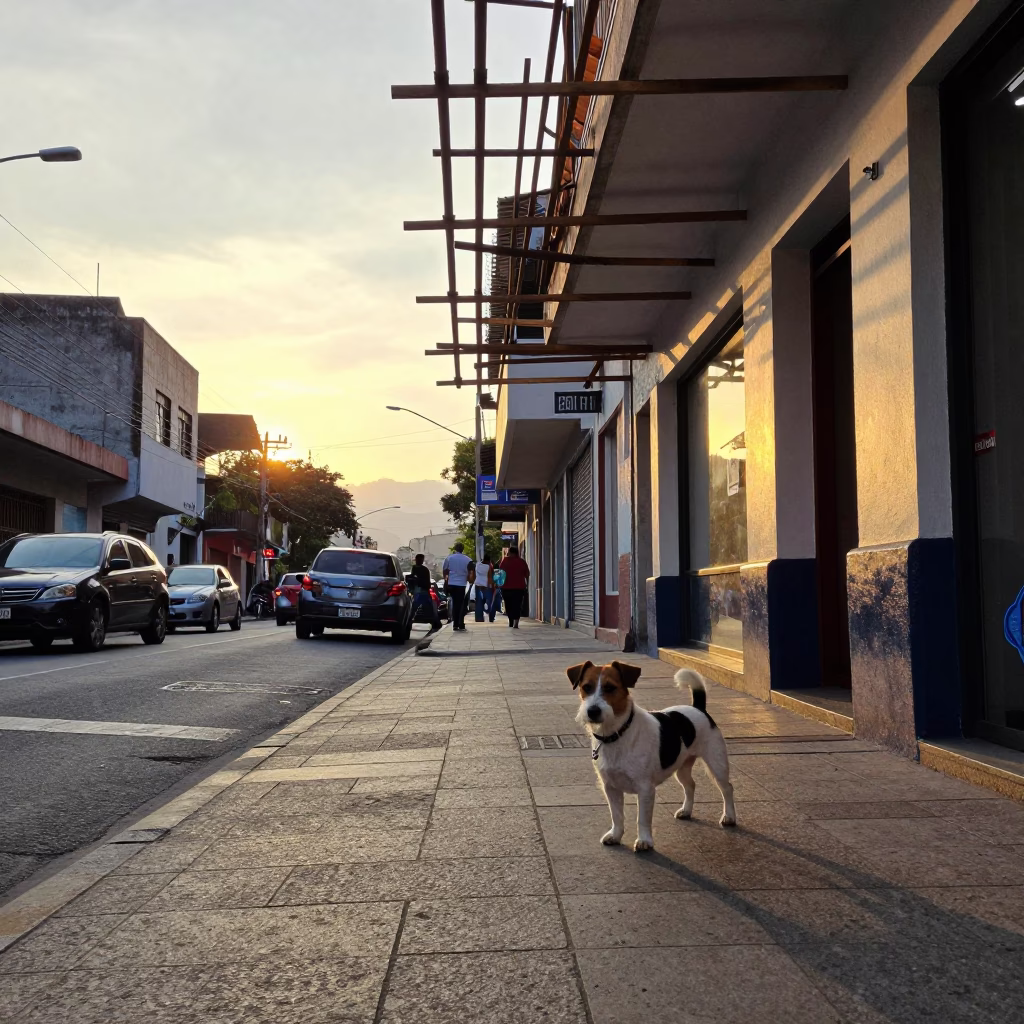 Sunset Street Scene in Medellin Colombia with Russell Terrier and Urban Scaffolding Details in in Medellin, Colombia