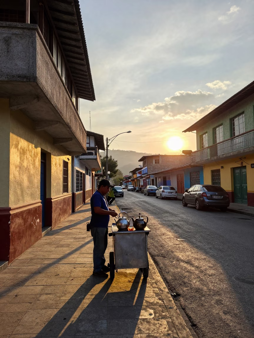 Sunset Street Scene in Medellin Colombia with Tea Kettles and Local Life in in Medellin, Colombia