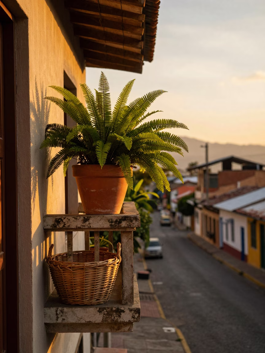 Sunset Street Scene in Medellin Colombia with Terracotta Pot and Wicker Basket on Balcony in in Medellin, Colombia