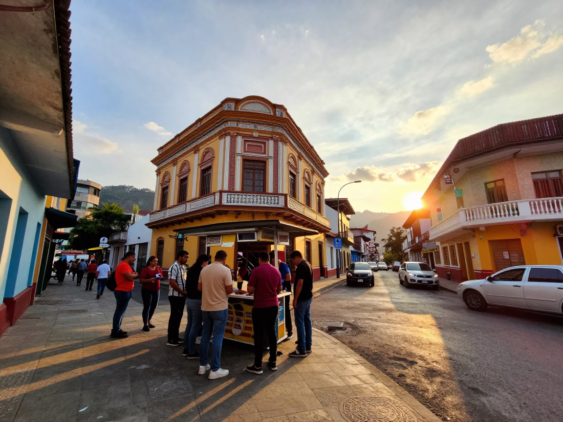 Sunset Street Scene in Medellin Colombia with Vibrant Urban Life and Local Details in in Medellin, Colombia