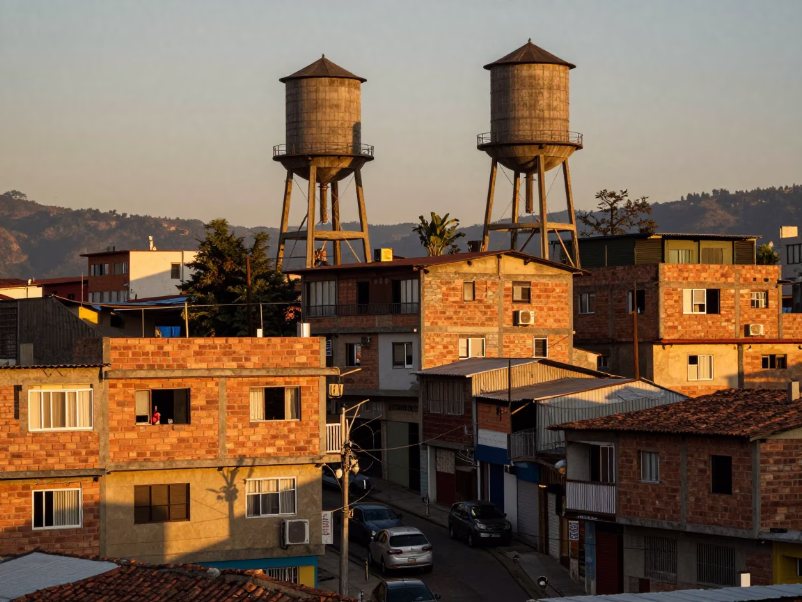 Sunset street scene in Medellin Colombia with water tower and urban rooftop details in in Medellin, Colombia
