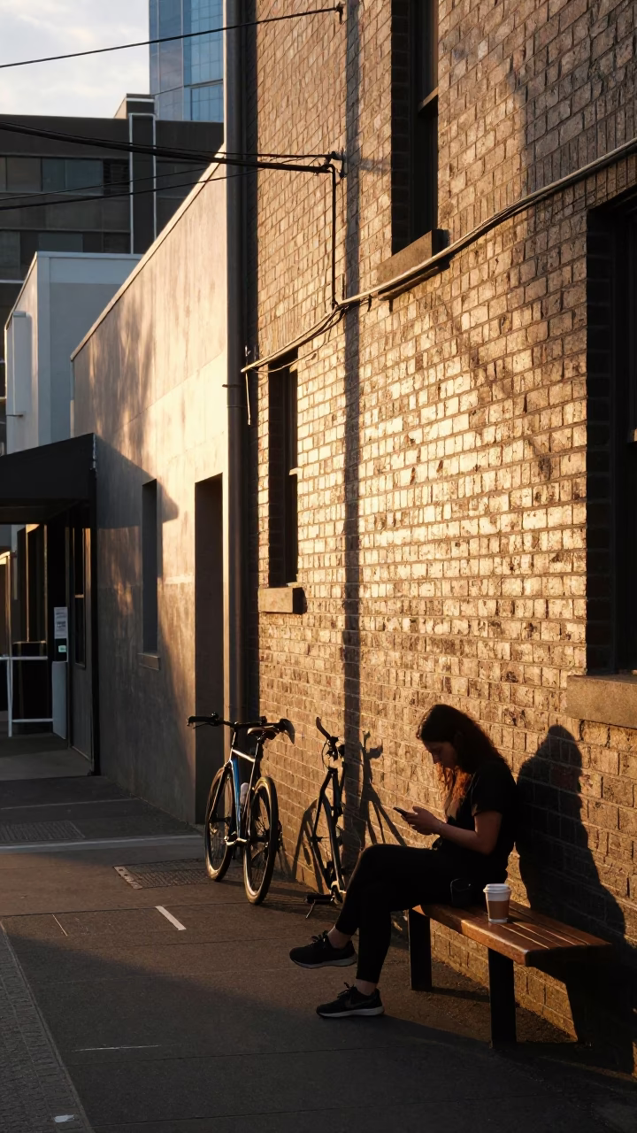 Sunset street scene in Melbourne laneway with coffee cup and bicycle in in Melbourne, Victoria, Australia