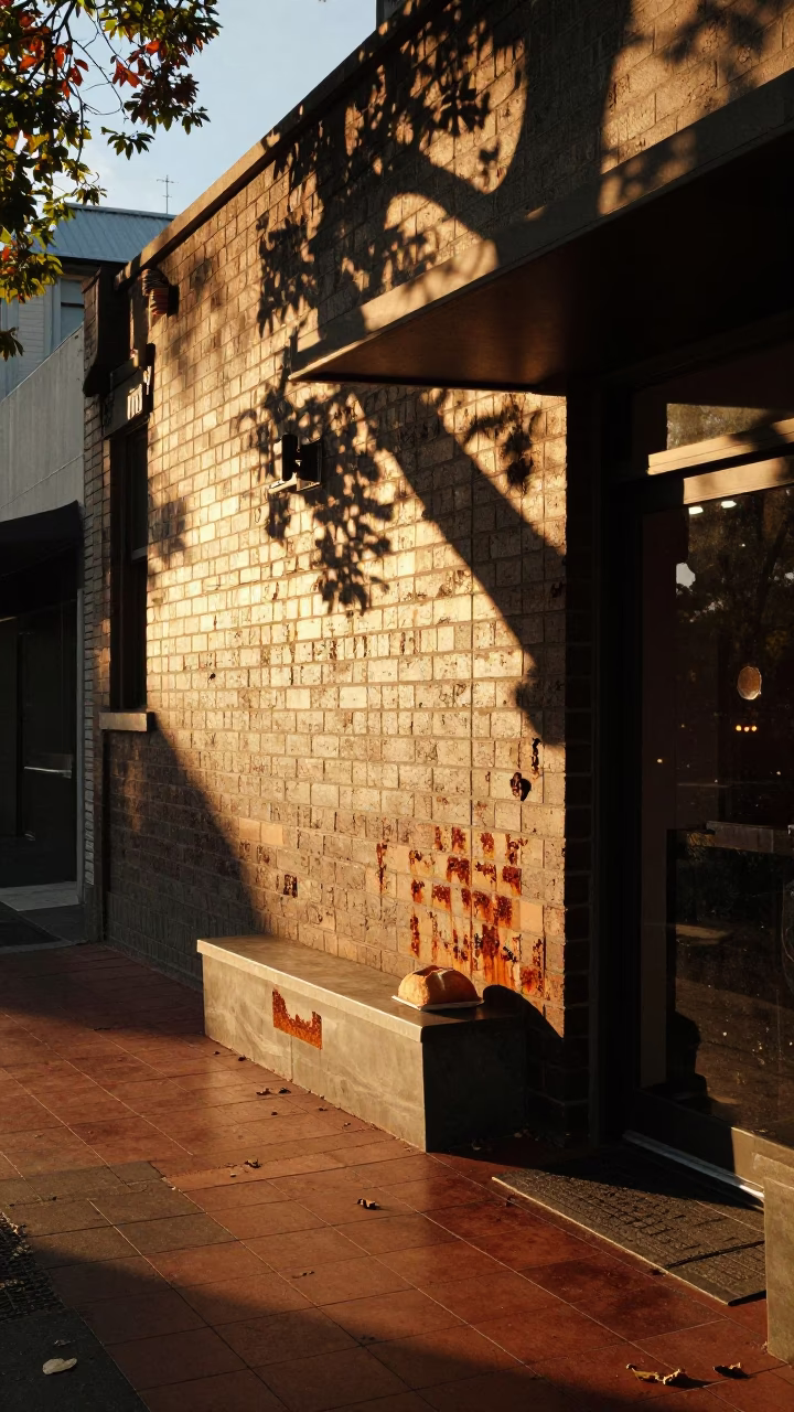 Sunset Street Scene in Melbourne Victoria Australia with Rusty Tile and Leaf Shadows in in Melbourne, Victoria, Australia