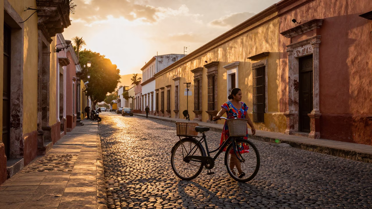 Sunset Street Scene in Merida Mexico with Bicycle Basket and Local Life in in Merida, Mexico