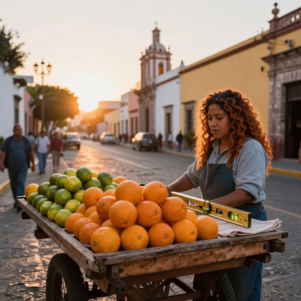 Sunset Street Scene in Merida Mexico with Fruit Vendor and Spirit Level in in Merida, Mexico