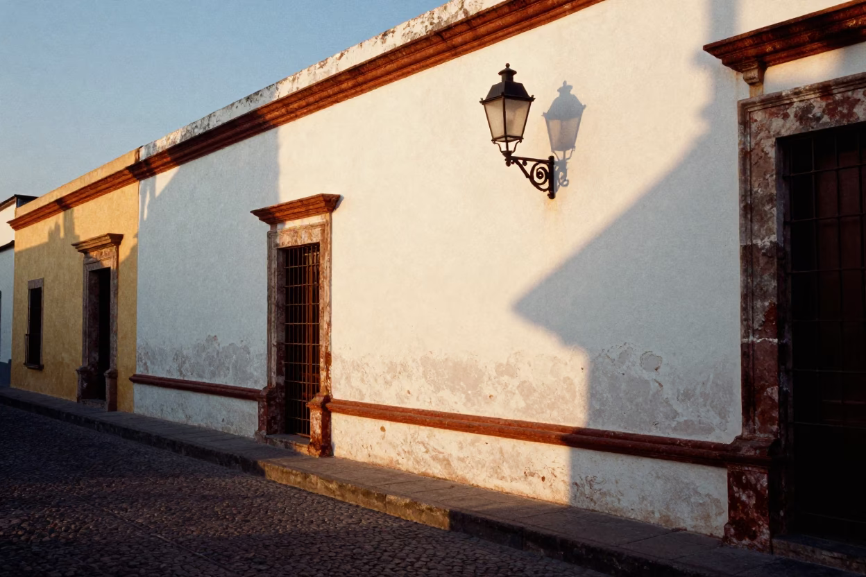 Sunset Street Scene in Merida Mexico with Lantern and Rust Details in in Merida, Mexico