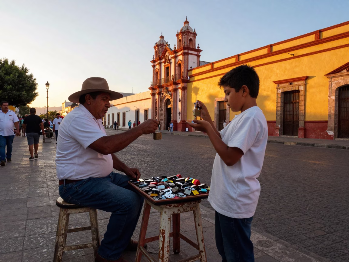 Sunset street scene in Merida Mexico with local vendor and vintage details in in Merida, Mexico