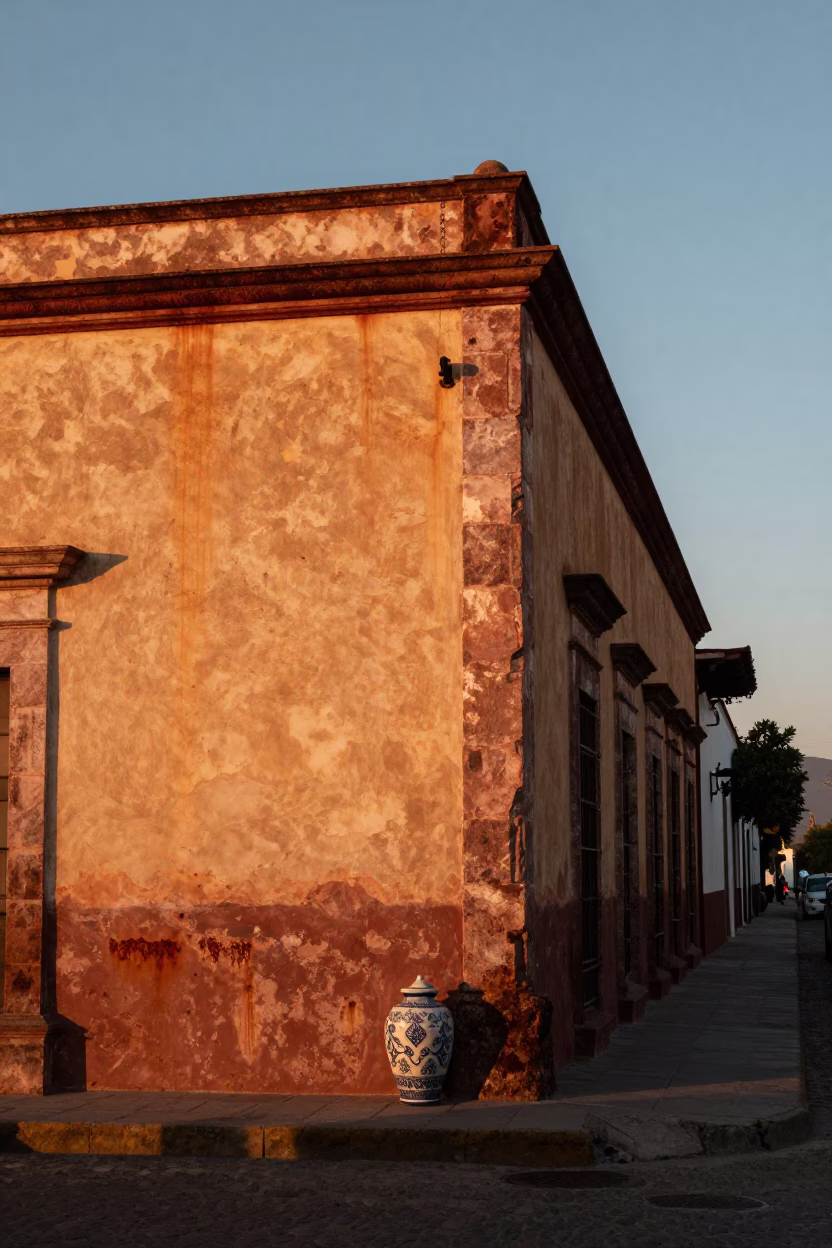Sunset Street Scene in Merida Mexico with Rusty Wall and Ceramic Cup in in Merida, Mexico
