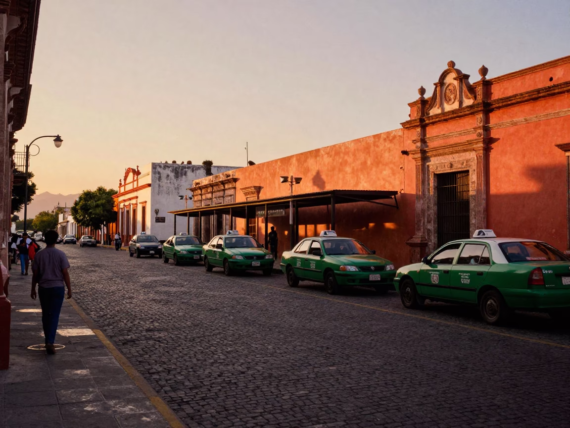Sunset Street Scene in Merida Mexico with Taxi Rank and Terracotta Pot in in Merida, Mexico