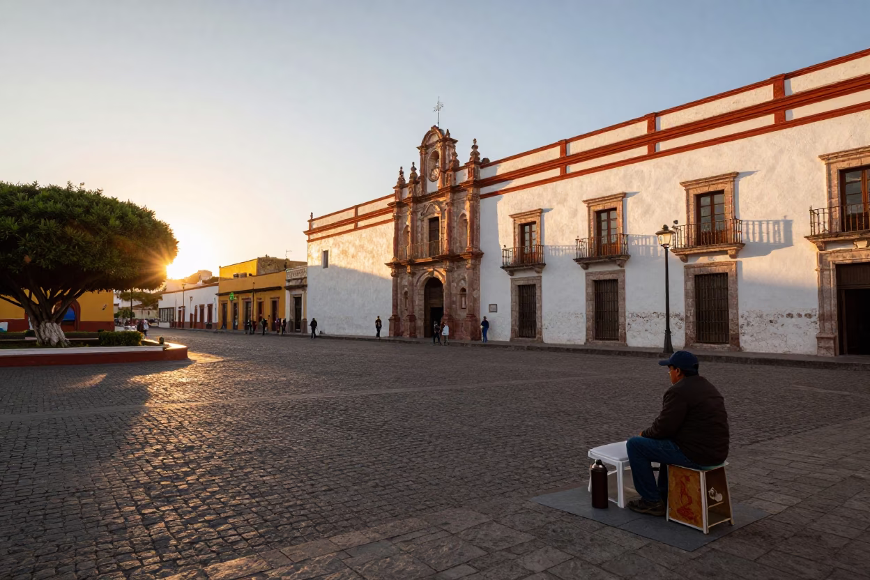Sunset street scene in Merida Mexico with thermos and local vendor in in Merida, Mexico