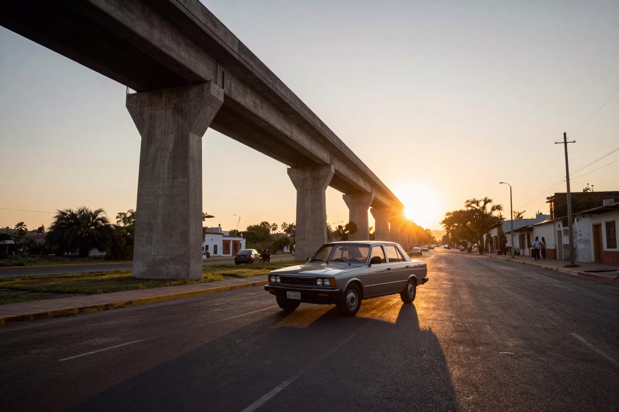 Sunset Street Scene in Merida Mexico with Vintage Car and Concrete Viaduct in in Merida, Mexico